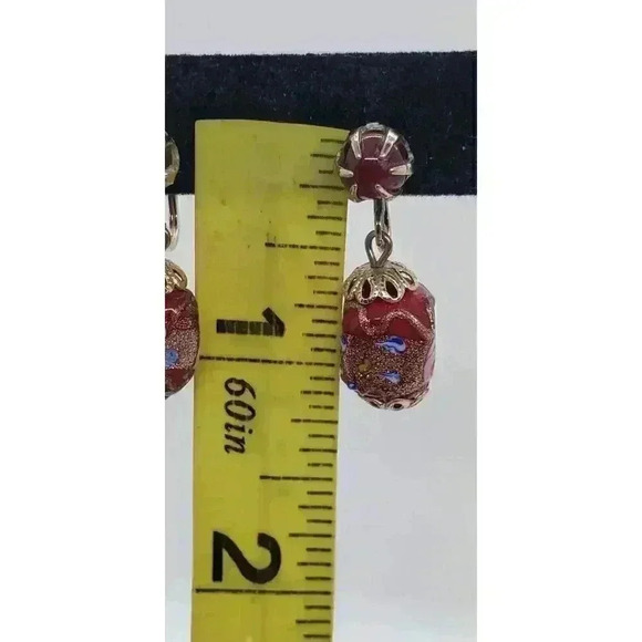 Vintage Earrings Garnet Red Wedding Cake Venetian Art Glass Bead Dangle 10k GP - Picture 6 of 10